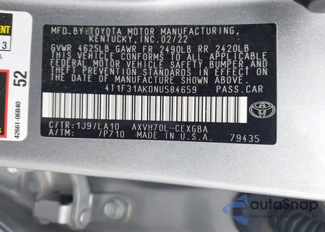 2022 Toyota Camry Xle Hybrid z USA, uszkodzony, nr VIN 4T1F31AK0NU584659